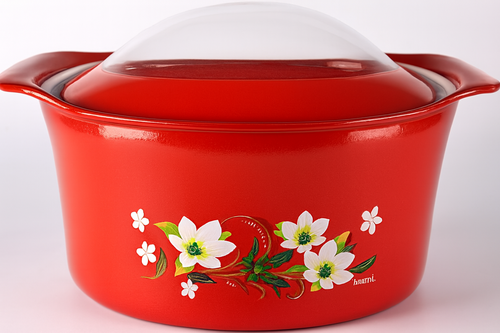 Red Floral Nonstick Cooking Pot with Glass Lid